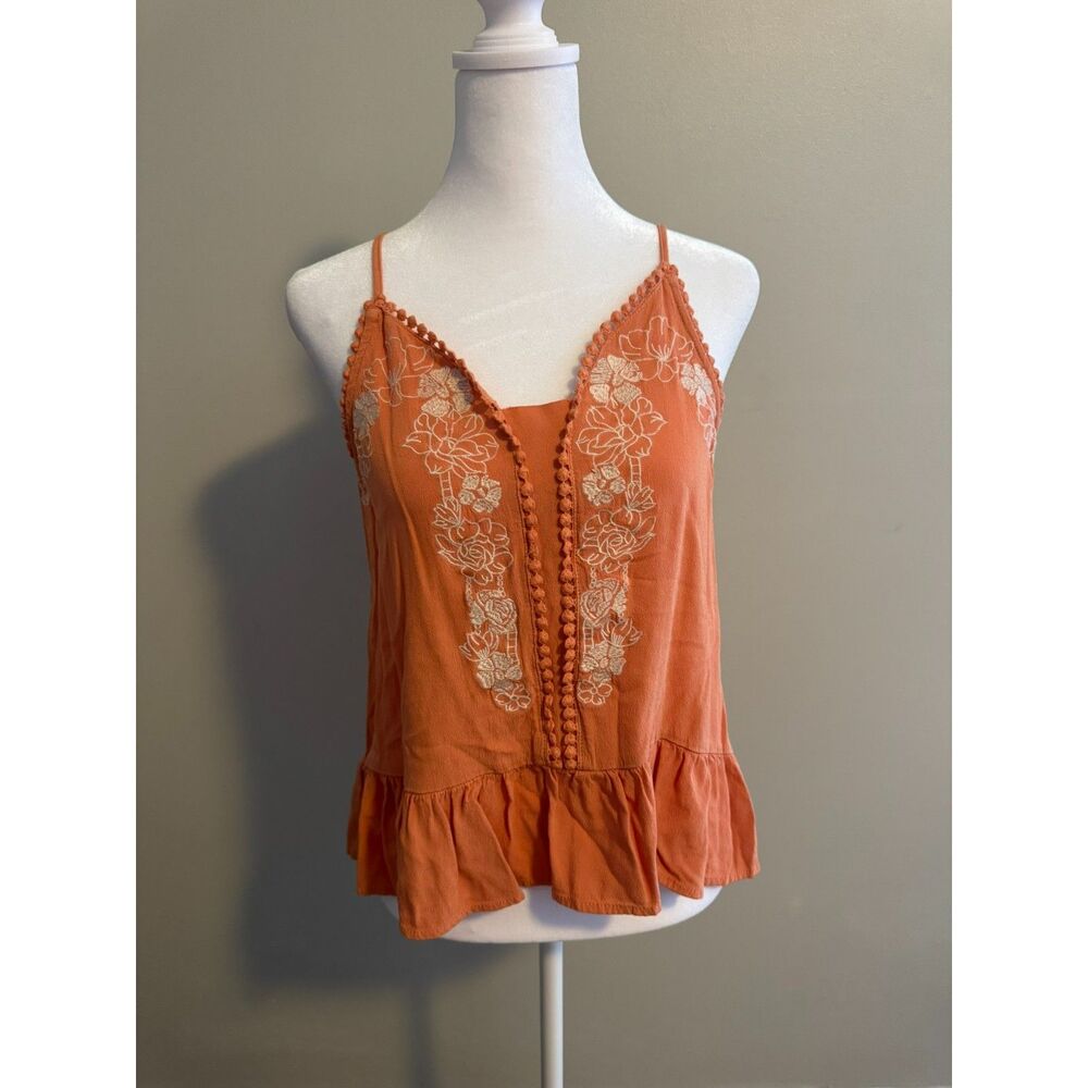 Love On A Hanger Orange Embroidered Ruffle Spaghetti Tank Size Medium